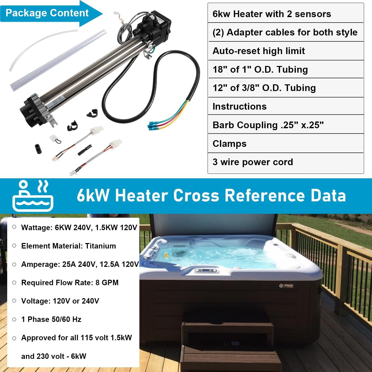 No-Fault Spa Heater for Hot Spring/Watkins 1995+ - 6kW Titanium w/Sensors- 73790