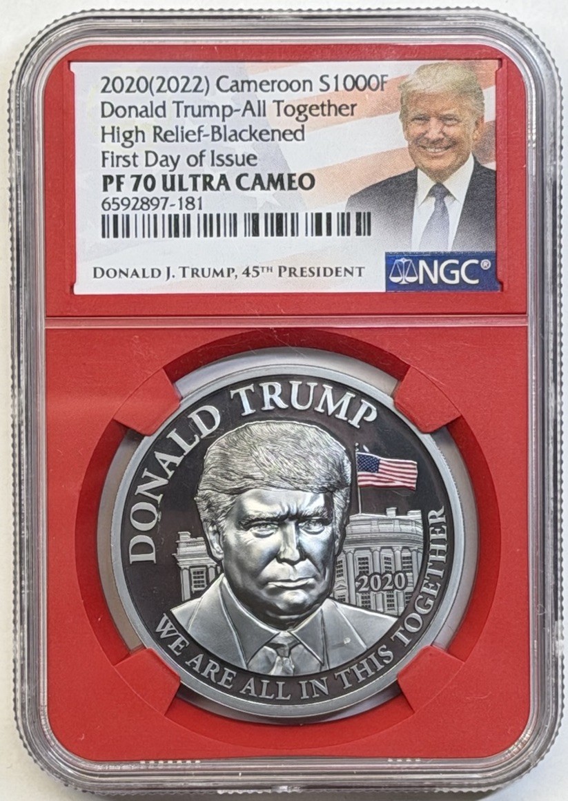 2020(2022) Cameroon Donald Trump Proof Blackened Silver 1 oz Coin NGC PF70 FDI