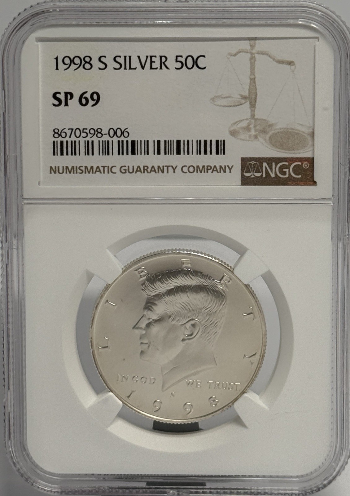 1998 S Silver 50c Kennedy Half Dollar Matte Finish NCG SP 69