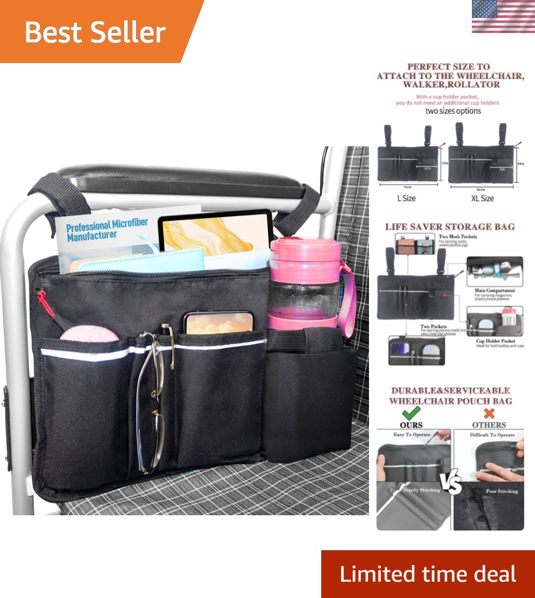 Wheelchair Side Bag with Cup Holder,Wheelchair Storage Pouch,Wheelchair Pouch...