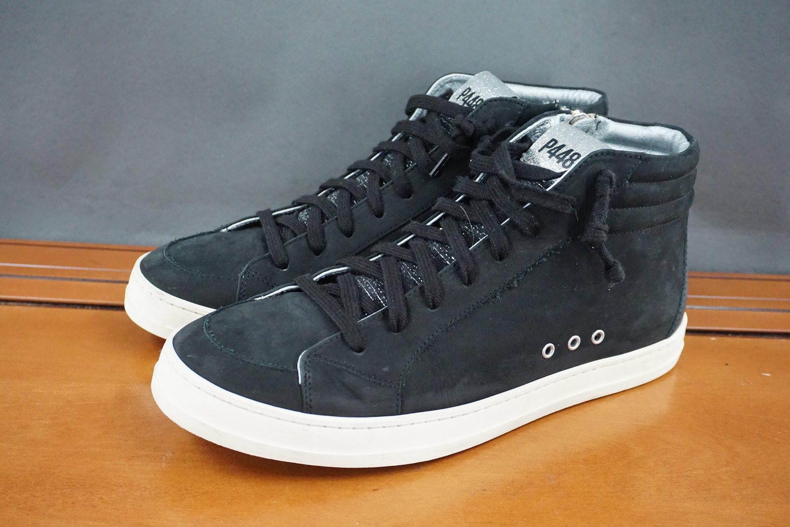 P448 Skate Shoes Mens Size 9.5 Black Suede High Top Casual Sneakers Lace Up