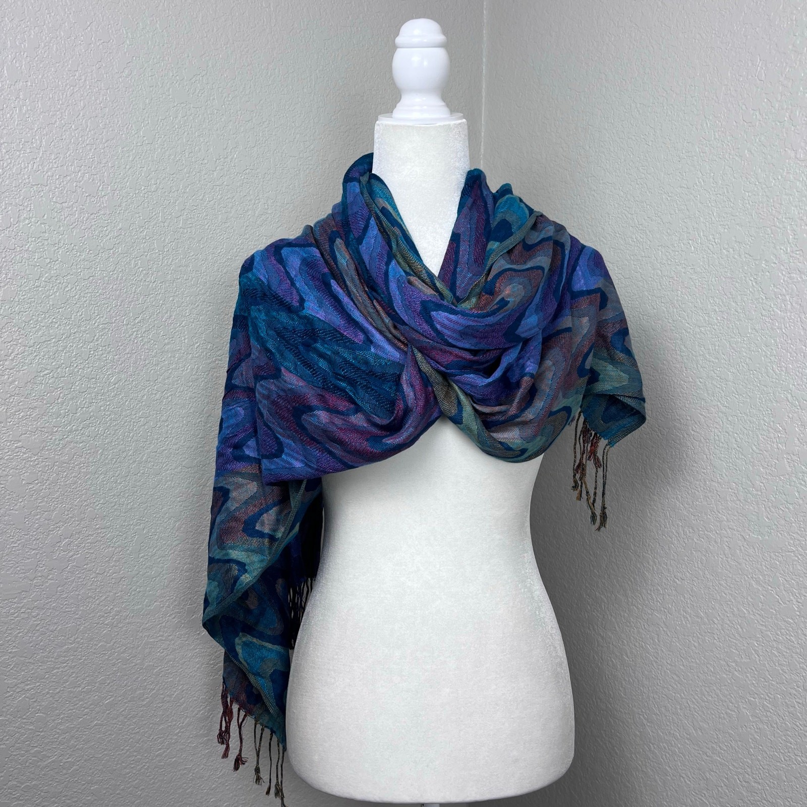 Joy Susan Sheer Scarf Colorful Blue Purple Artsy Fringe Boho Wrap Pashmina