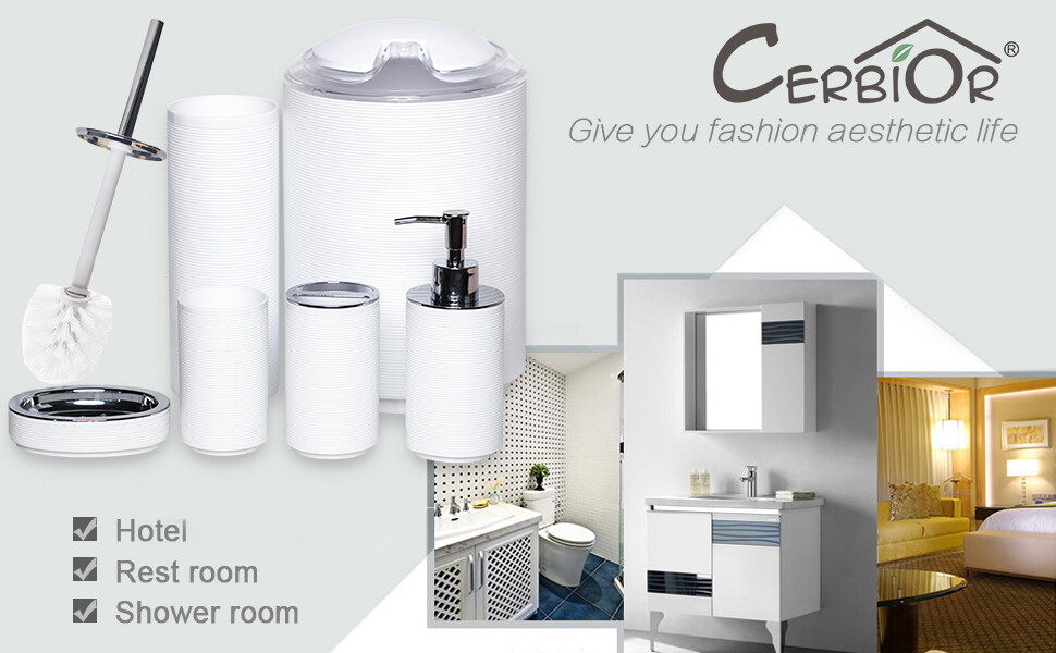 Bathroom Accessories Set 6Piece Bath Ensemble Decorative Countertop White Thread