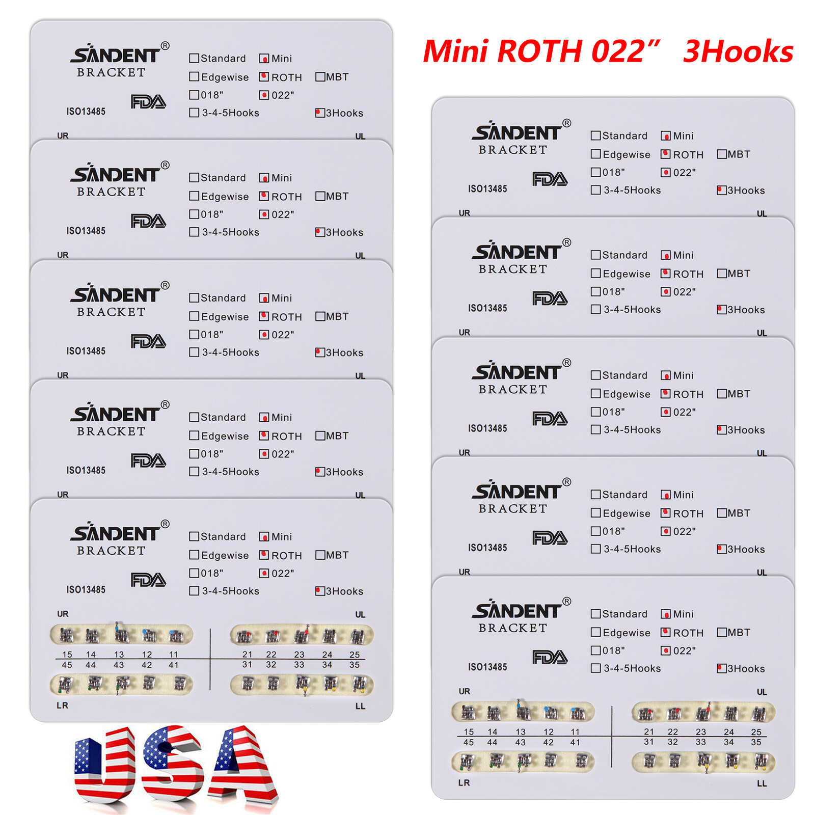 10 Packs Dental Orthodontic Brackets Braces Mini Roth 022 Slot 3 hooks #3 ZK