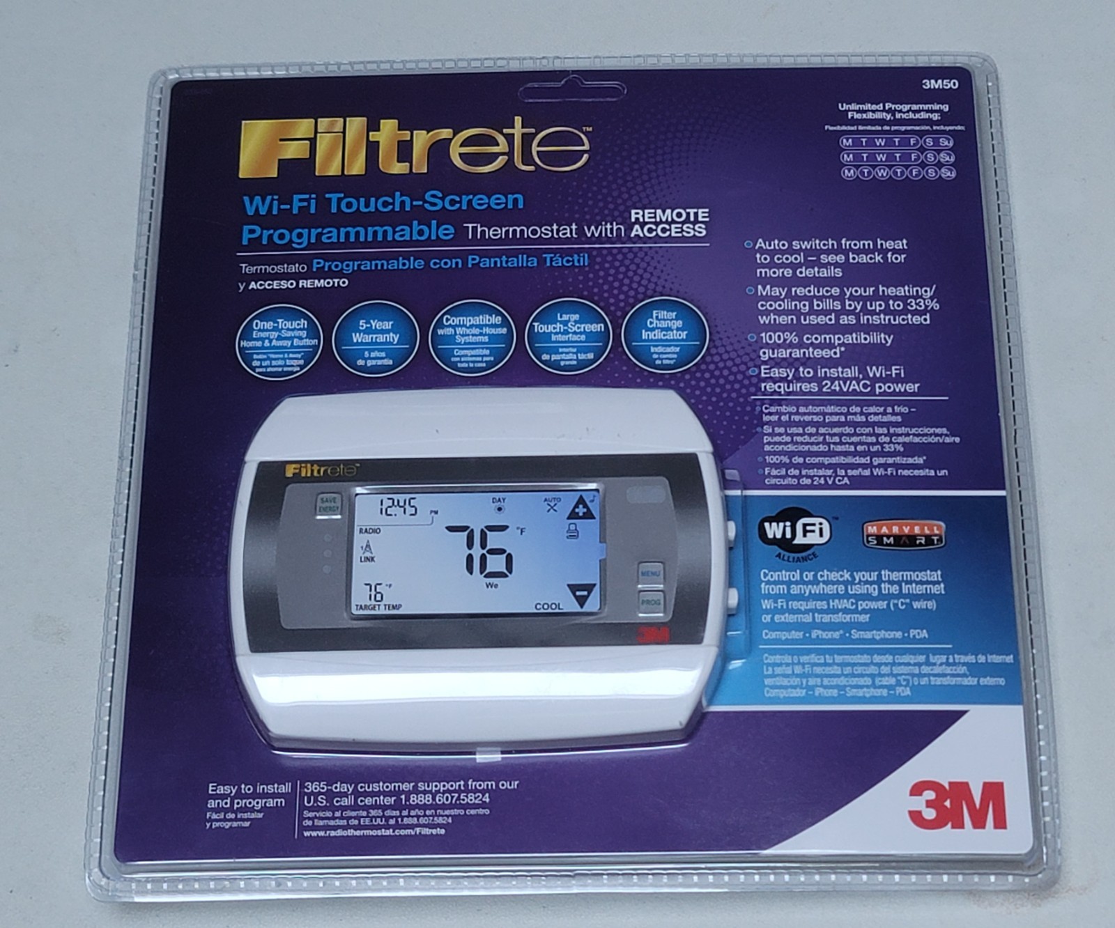 Filtrete 3M50 Wi-Fi Touch Screen Programmable Thermostat - New Open Box