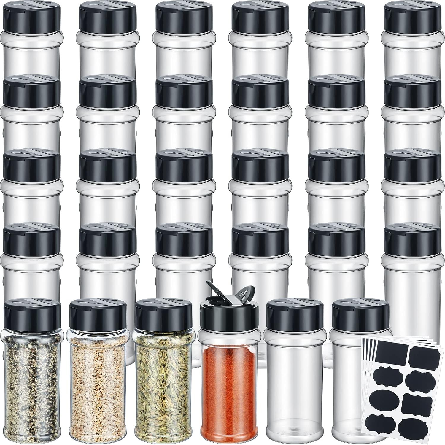 36 Pack 3 oz Clear Plastic Spice Jars with Label and Shaker Lids Empty Spice