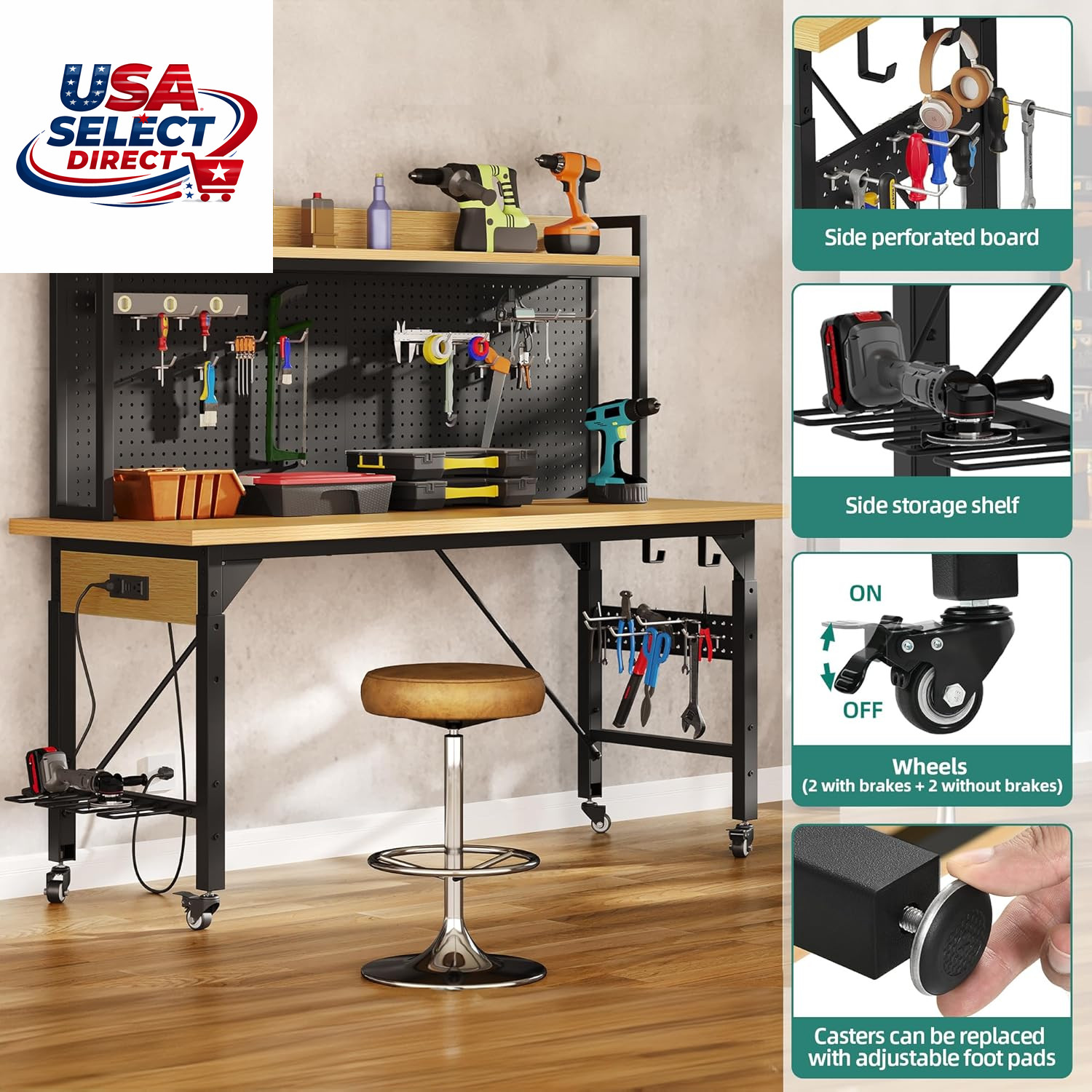 48" Adjustable Workbench with Pegboard, Wheels, 1600 LB Capacity