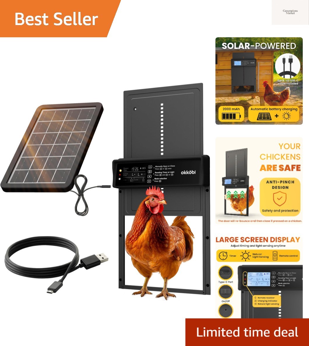 Okkobi Automatic Chicken Coop Door Solar Powered - LCD Display - Chicken Coop...