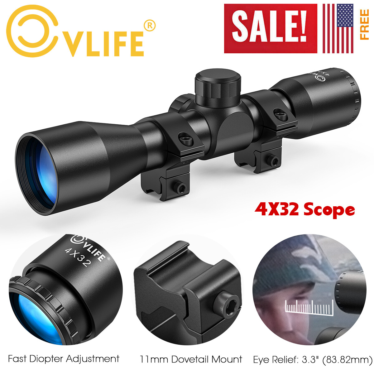 Hunting 4x32 Compact Rifle Scope Crosshair Mil Dot Reticle w/11mm Dovetail Mount