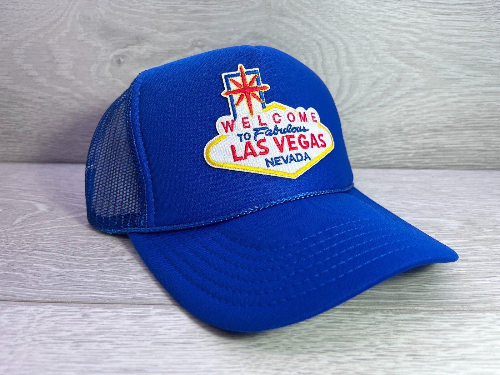 NEW WELCOME TO LAS VEGAS ROYAL BLUE HAT 5 PANEL HIGH CROWN TRUCKER SNAPBACK