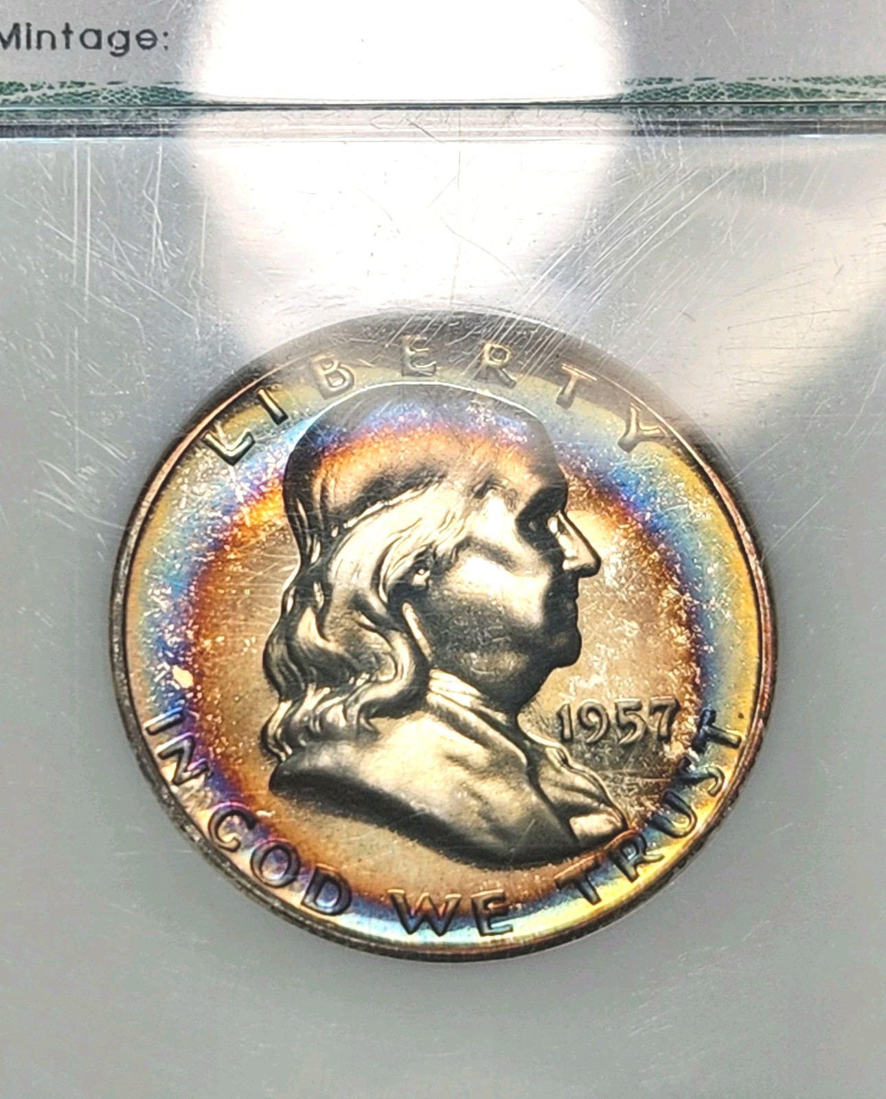 🌈 Target Toned 1957 Franklin Silver Half Dollar Proof- PCI GEM BU 🤩