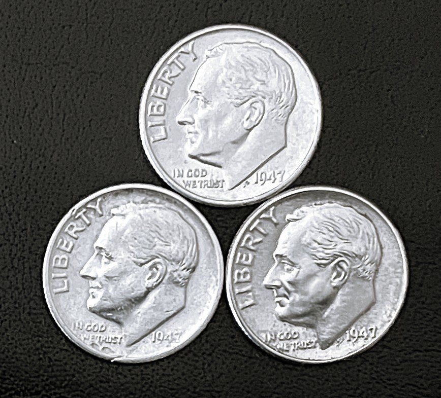 1947 P-D-S 10c SILVER Roosevelt Dimes, Year Set.  Higher Grade BU/AU/XF  (R202)