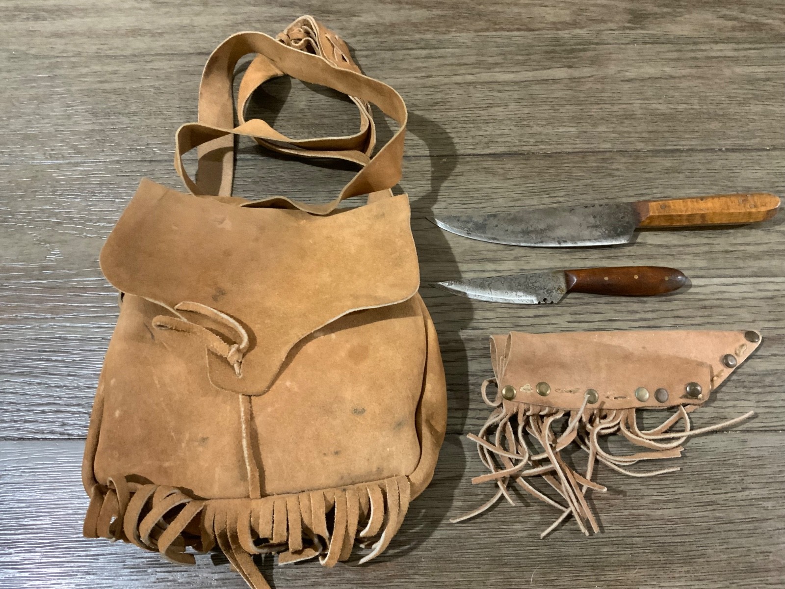 Vintage Leather Black Powder Bag and Two Handmade Knives with Handmade Sheath