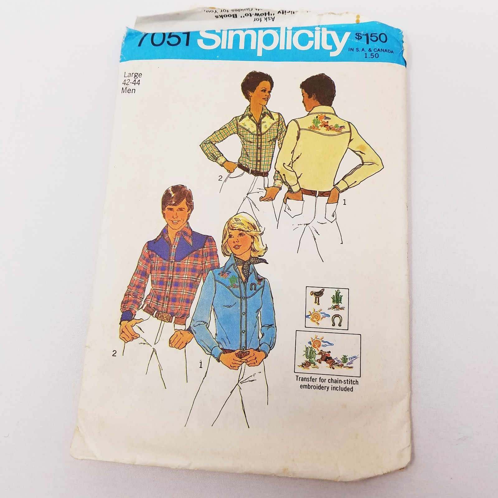 Vtg Simplicity Sewing Pattern 7051 70s Western Button Up Collared Shirt Mens L