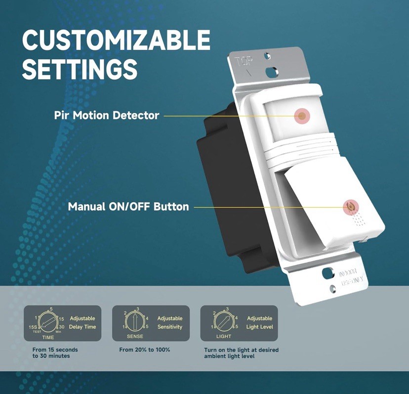 ECOELER 3Way Motion Sensor Light Switch in Wall Sensor for Led/Incandescent Bulb