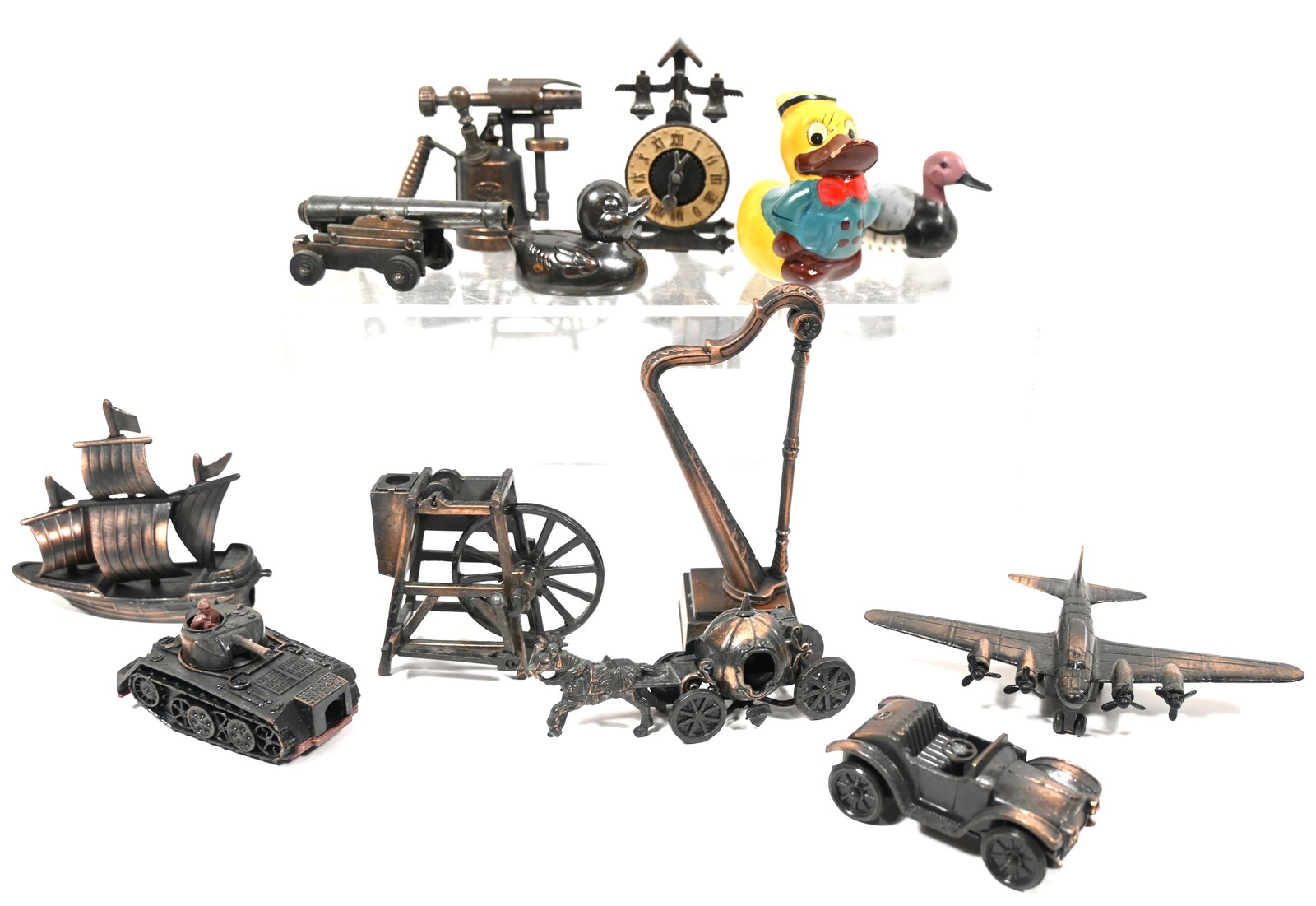 LOT 13 VINTAGE FIGURAL METAL PENCIL SHARPENERS Cinderella's Carriage, Tank, Duck