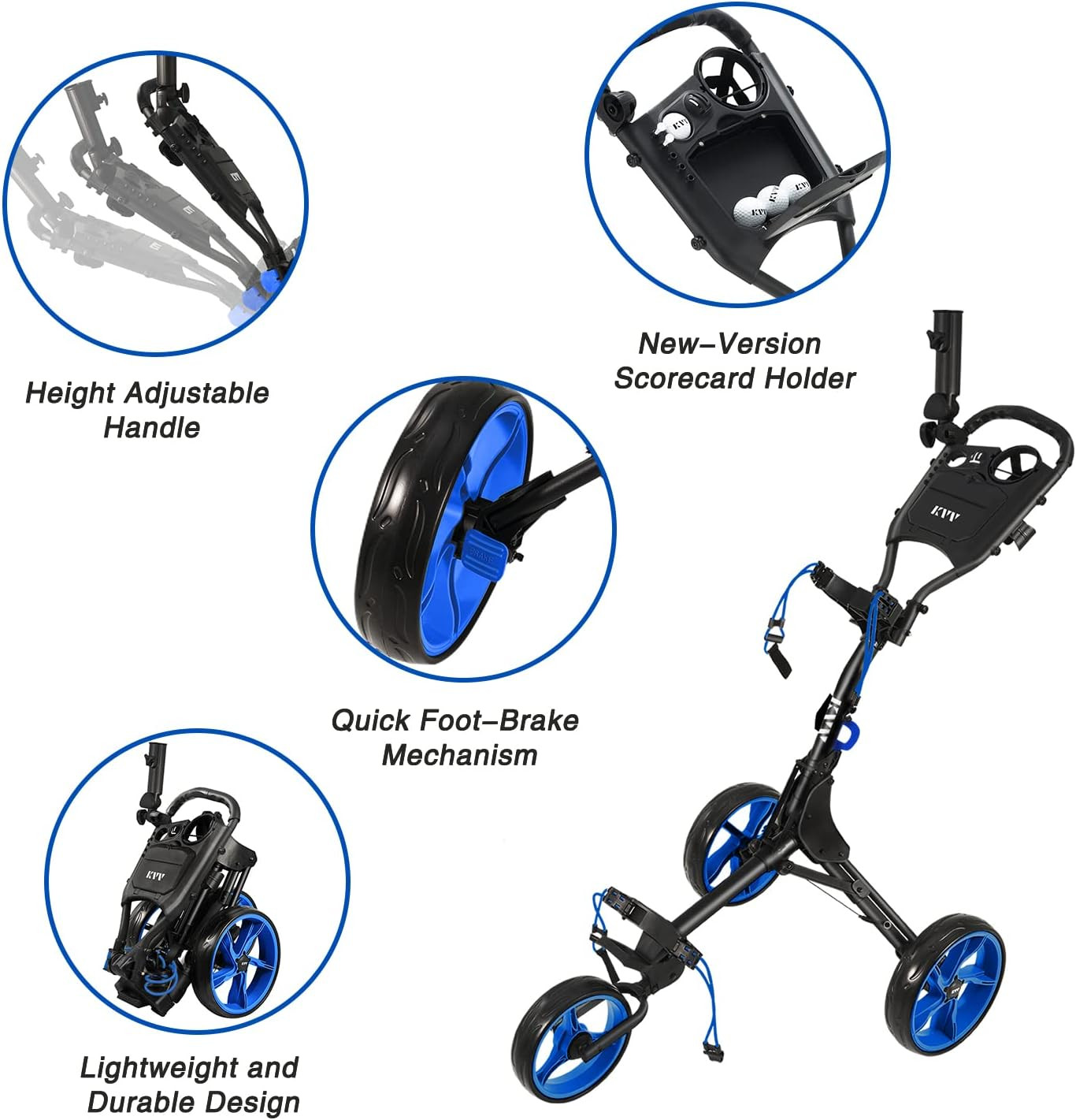 KVV 3 Wheel Golf Push Cart Ultra Lightweight Smallest Folding Size, New-Version