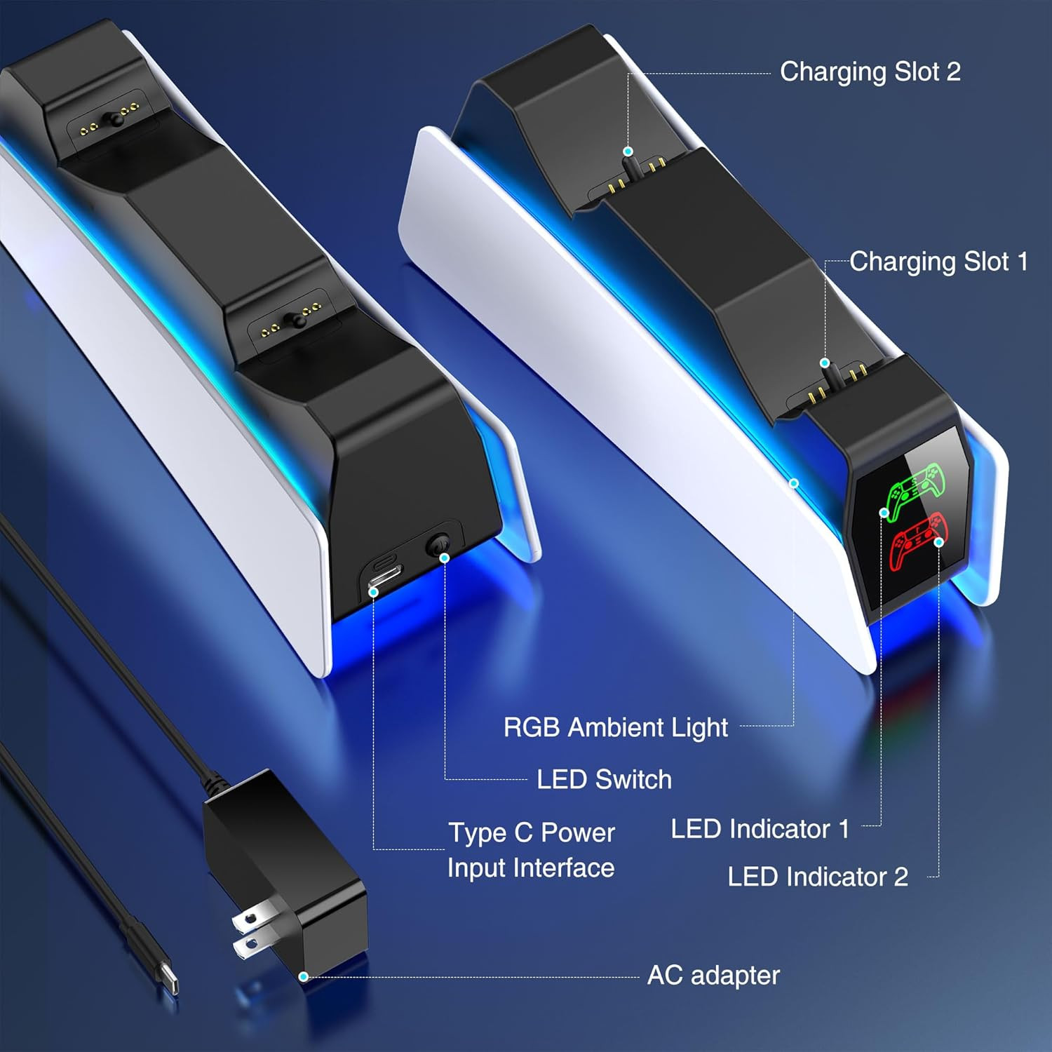 PS5 Controller Charger Station for Playstation 5 Controllers with LED Light Dual