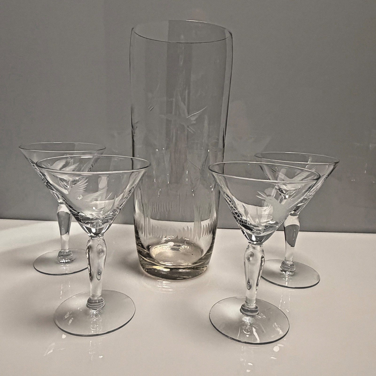 Vintage Five Piece Etched Glass Martini Set with Elegant MCM Flying Geese Design