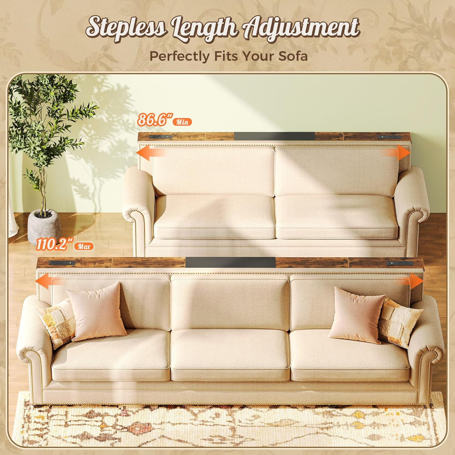 Narrow Sofa Table with 2 Power Outlets, 86.6-110.2 Inch Adjustable Length, behin