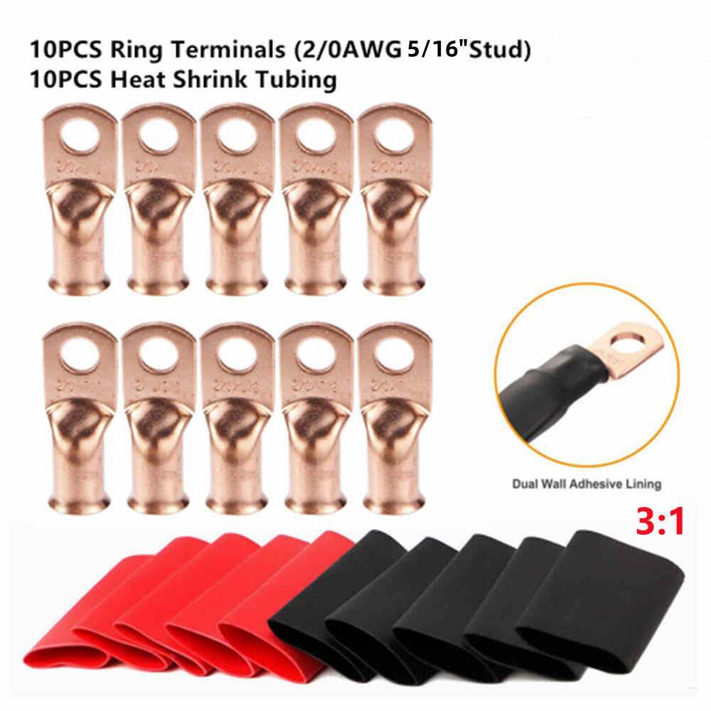 (10) 2/0 AWG Gauge Copper Ring Terminals 5/16" RED/BLACK Heat Shrink Tubing LUGS