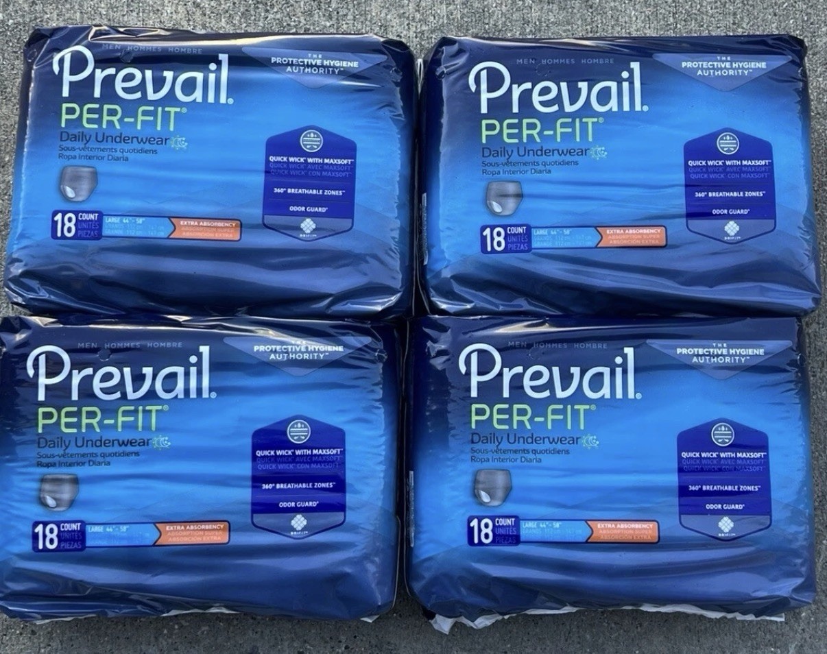 Prevail Per-Fit Adult Diapers Maximum Absorbency Large 18ct 44-58" Lot Of 4 Gray
