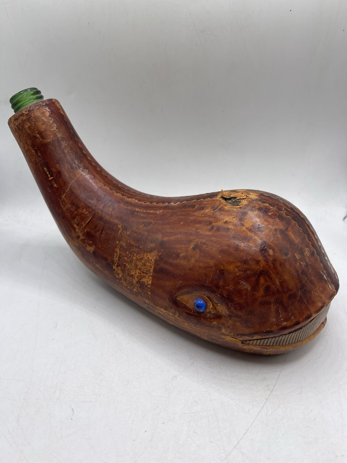 Italian Brown Leather Whale Liquor Glass Bottle Decanter : Blue Eye : EMPTY