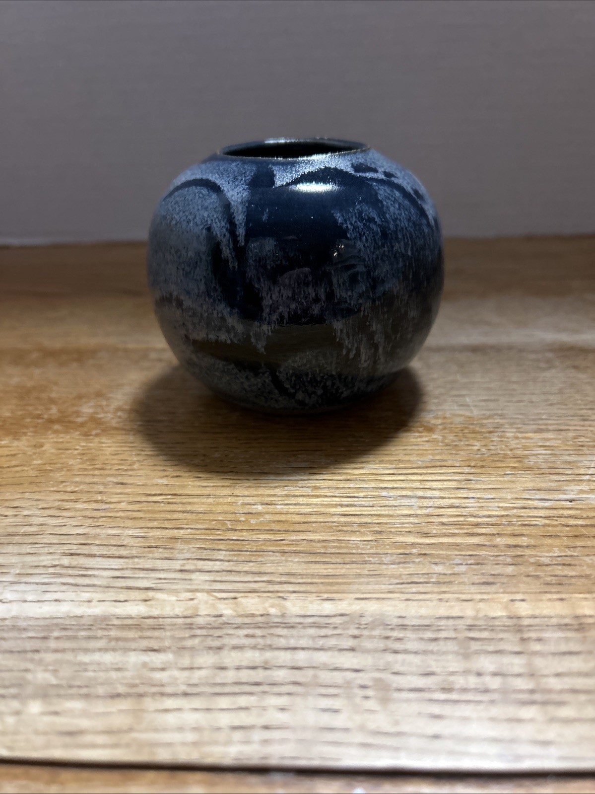 Small Ceramic Artisan Planter/Vase Blue With Dark Blue Floral Design Marked
