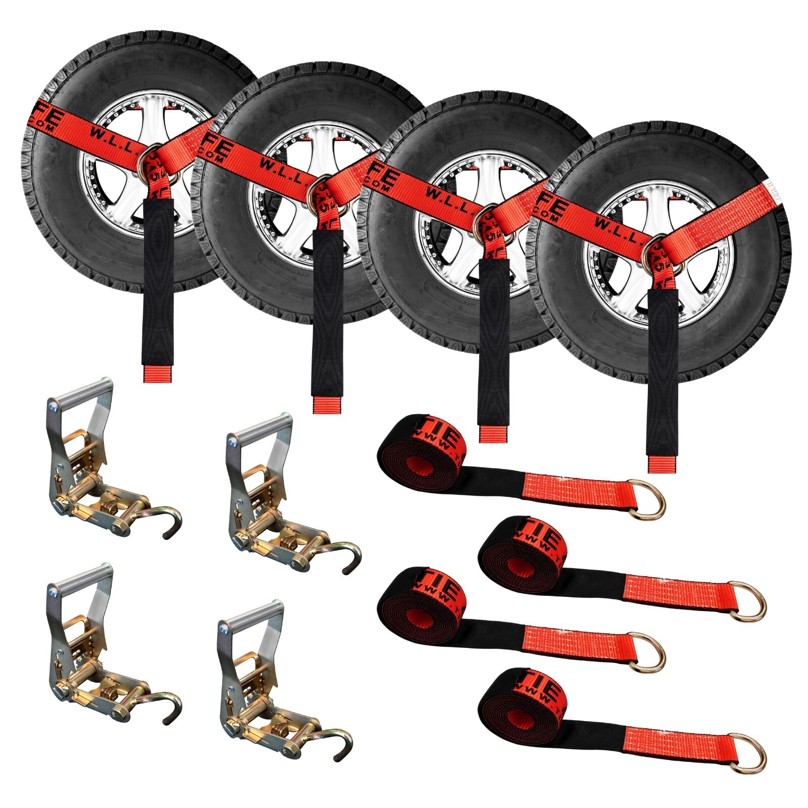 4 Pack 2" x 10' Lasso Wheel Lift Strap Ratchet w/ J Finger Hook Towing Red