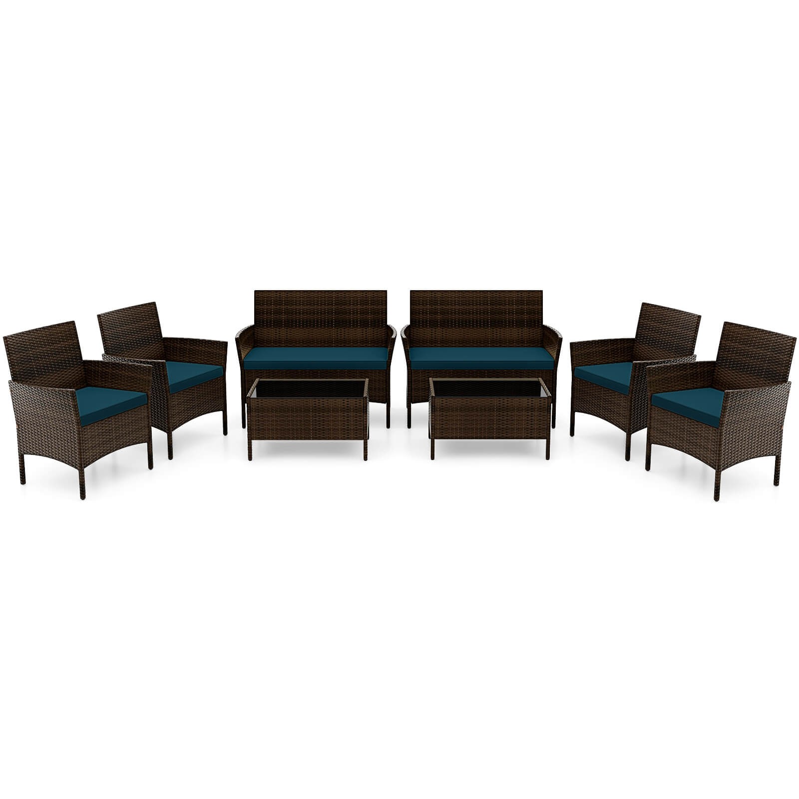 8 PCS Patio Furniture Set w/Washable Cushions and Tempered Glass Coffee Table