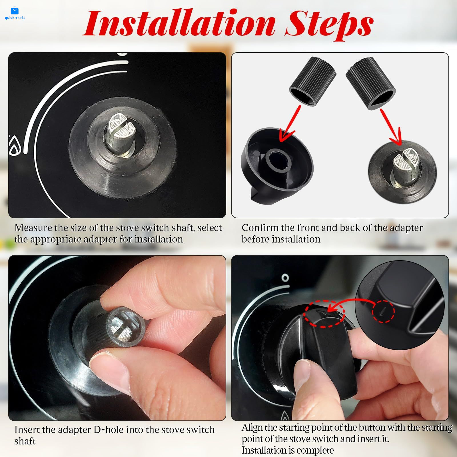 4 Pack Black Control Knobs with Replacement for 12 Adapters, Stove