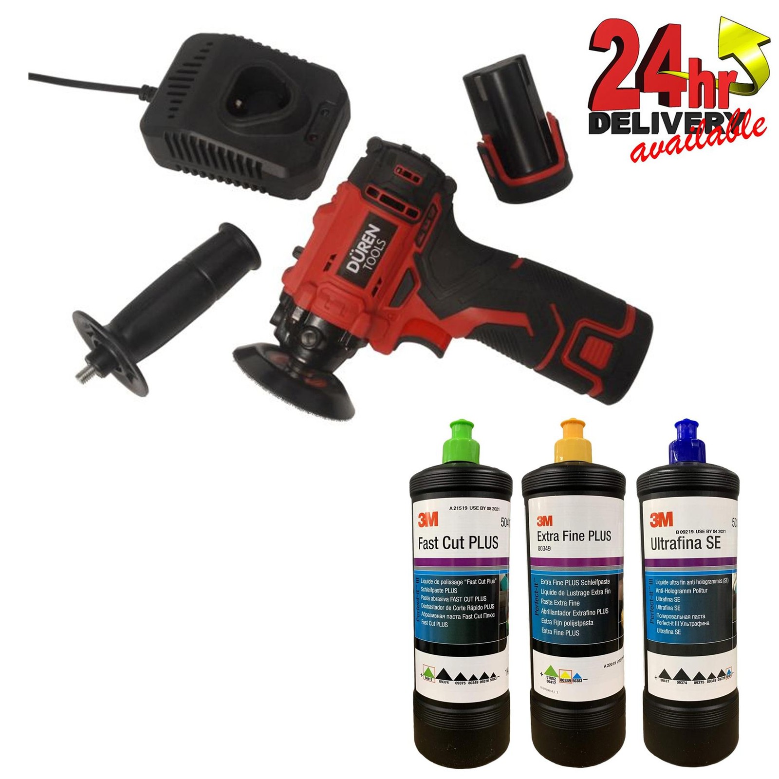 Duren 321289 Cordless 75mm 12V Polisher Kit 2 Batteries 3M Compound Polish