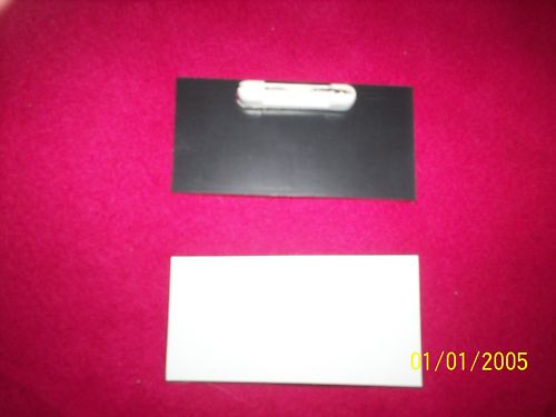 20 white/black blank name badges 1 1/2 x3" with pins