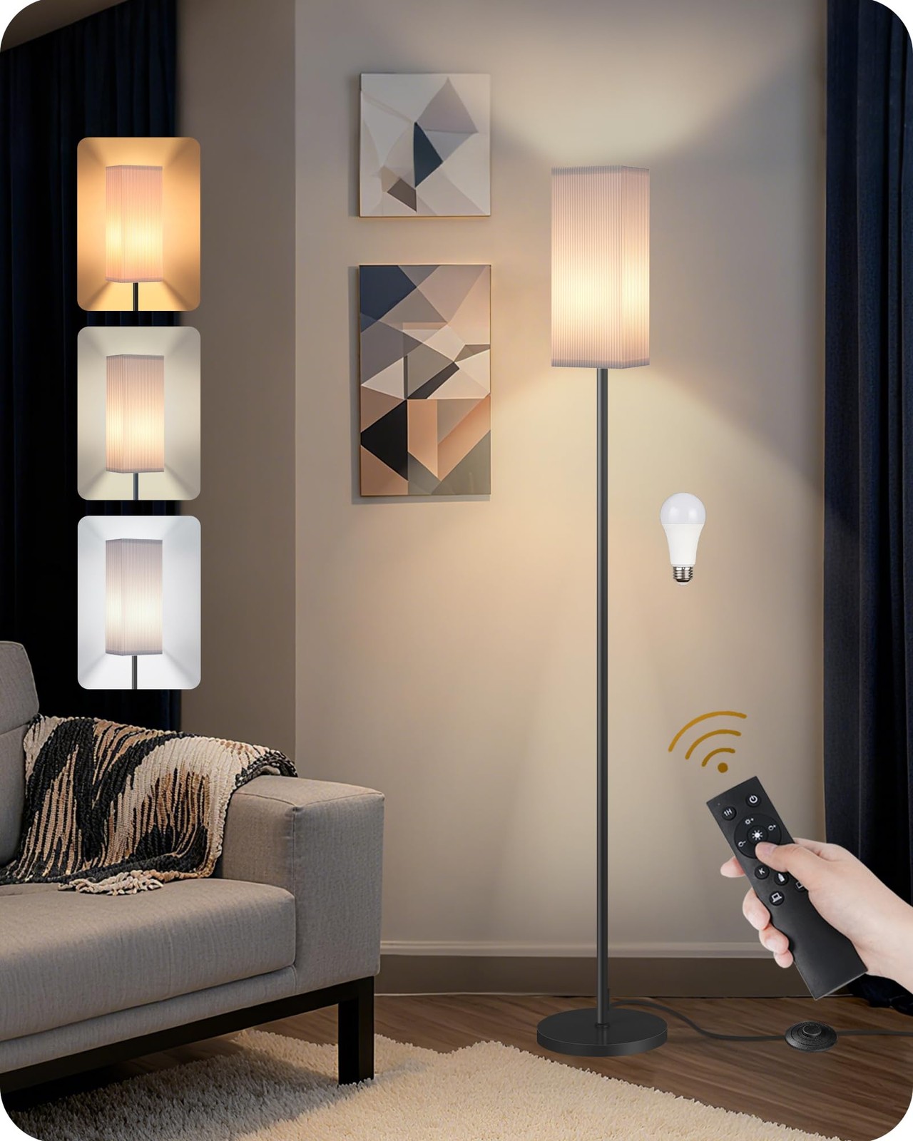Dimmable Floor Lamp with Remote & Foot Switch, Modern Standing Lamp with Bulb