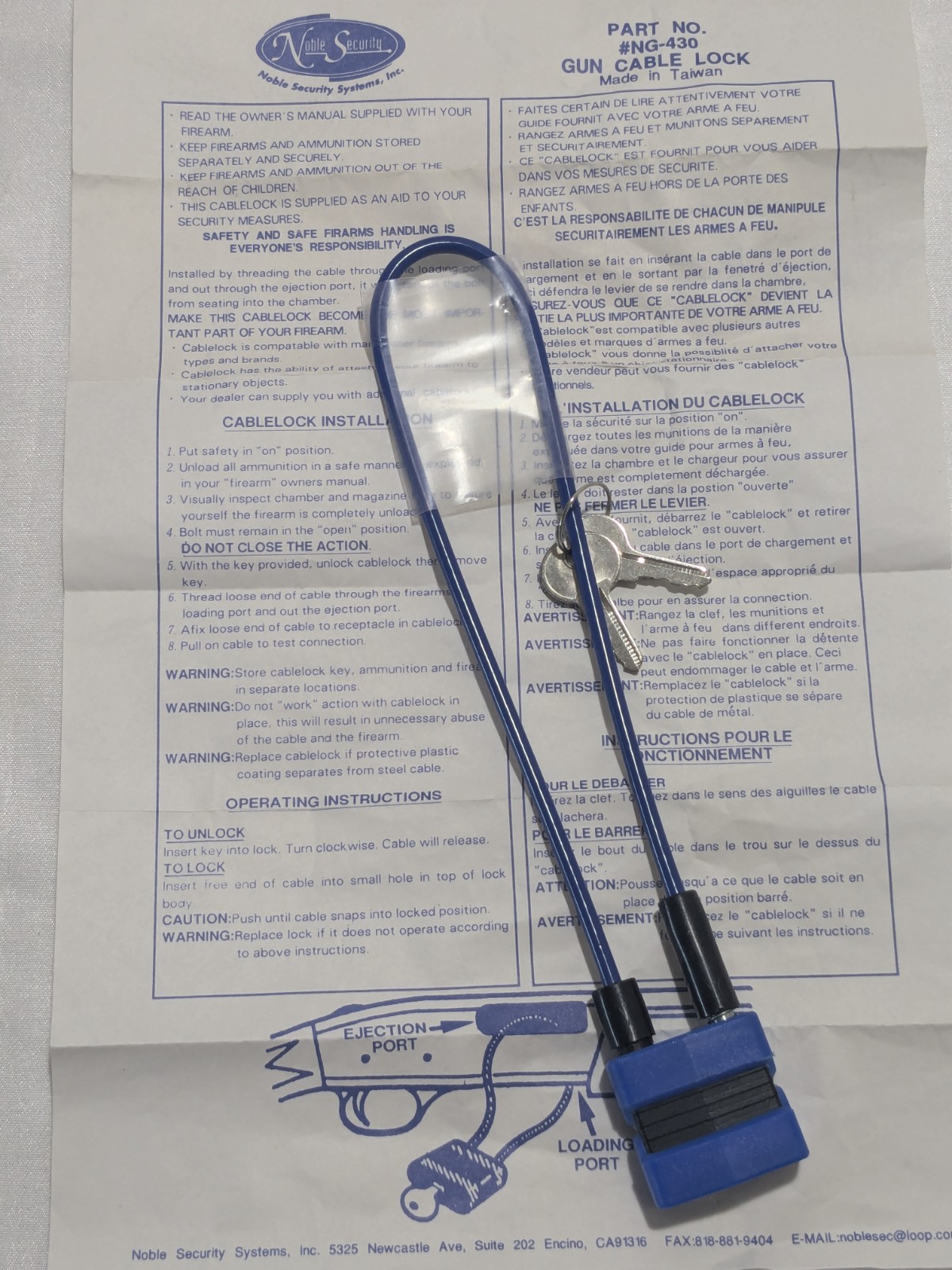 Cable Gun Firearm Lock Blue Instructions 2 Keys