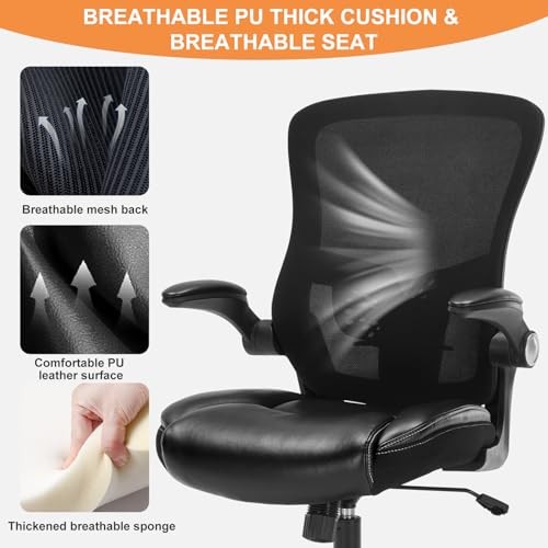 Ergonomic Office Chair, PU Leather Ergonomic Desk Chair with Mesh Back Pu Black