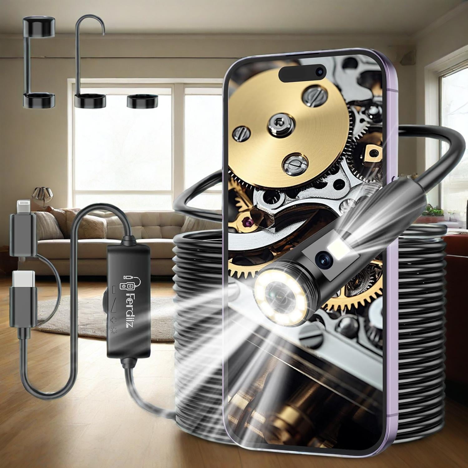 Dual Lens Endoscope Camera -1920P HD Borescope with 8 LED Lights for iOS/Android