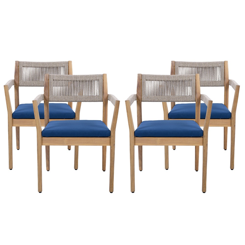 2 Acacia Wood Patio Chairs with Navy Blue All-Weather Cushions
