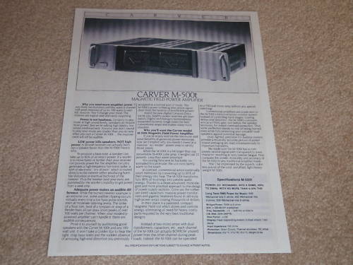 Carver M-500t Amplifier Spec Sheet,1 pg, Info,1987