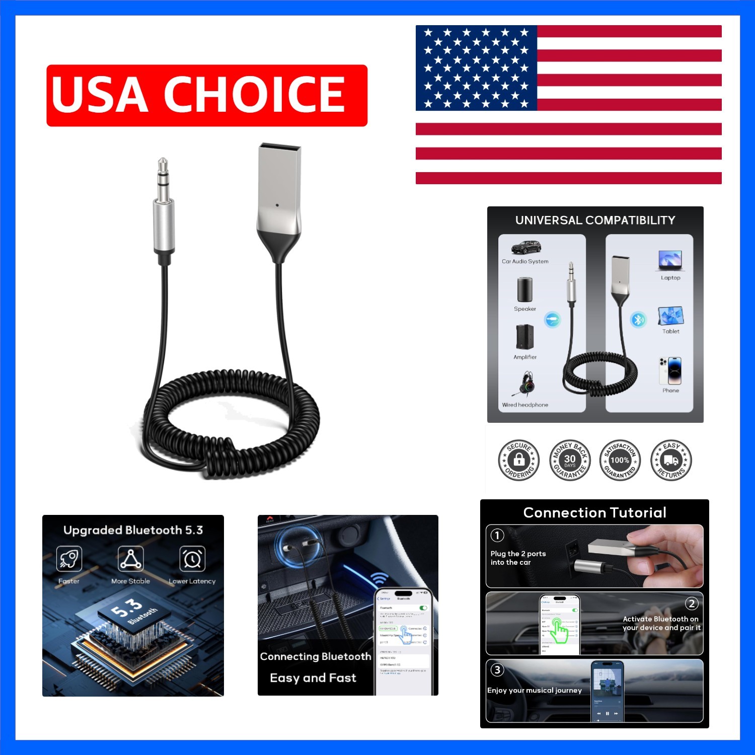 Aux to Bluetooth 5.3 Adapter for Car, USB 2.0 to 3.5mm Bluetooth Receiver Jac...