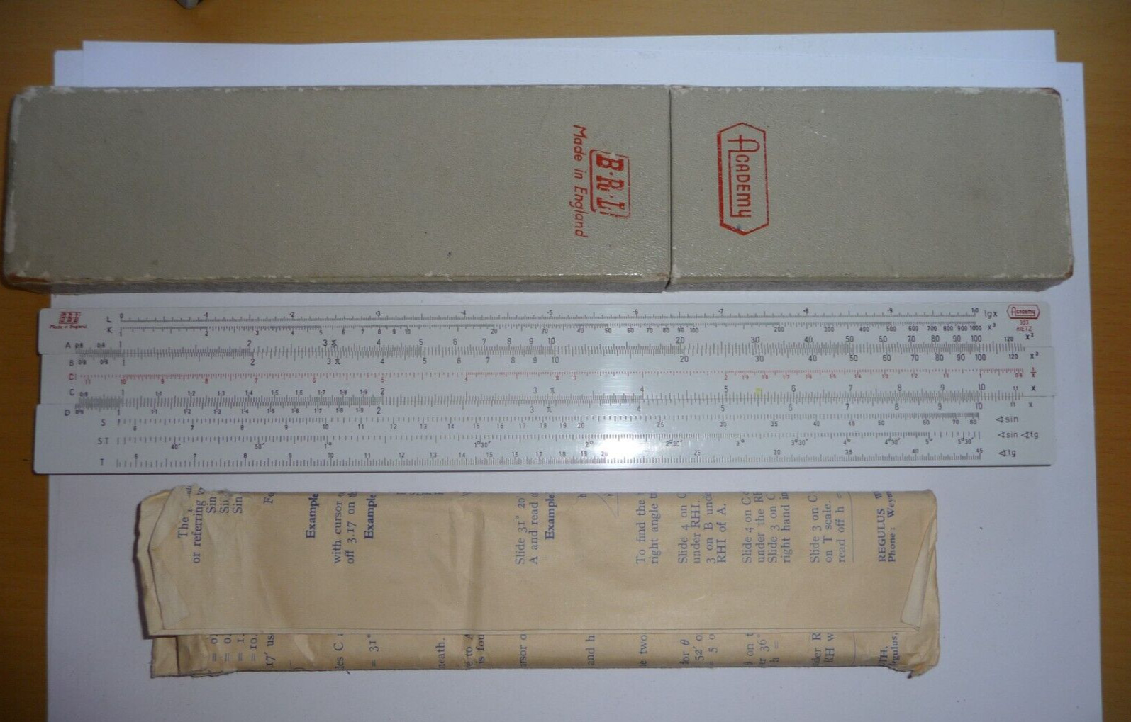 Vintage Boxed "Academy"  Slide Rule - No Cursor - Nice 1950s/60s Instrument!