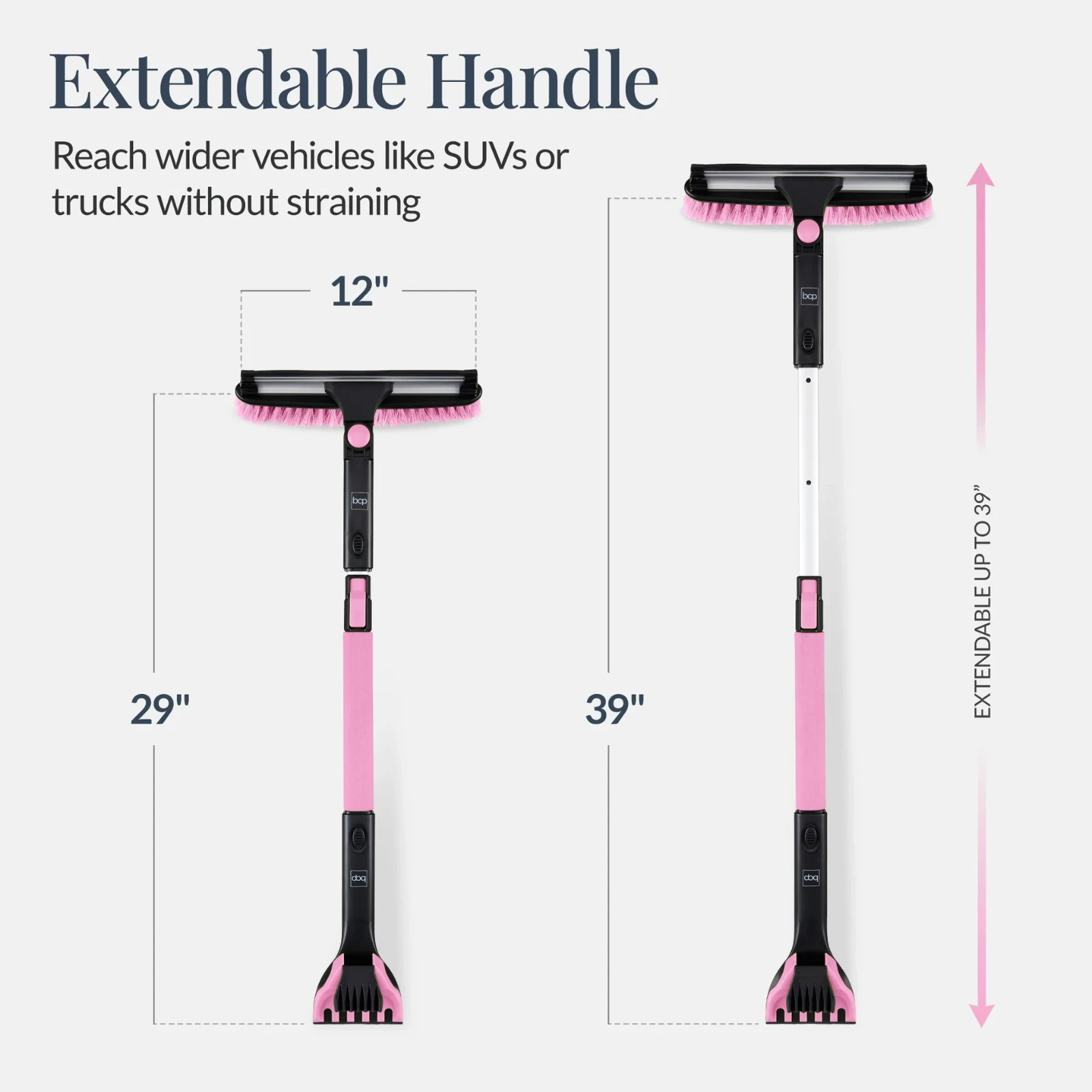39 in. Pink Extendable Snow Brush with Squeegee and Ice Scraper.