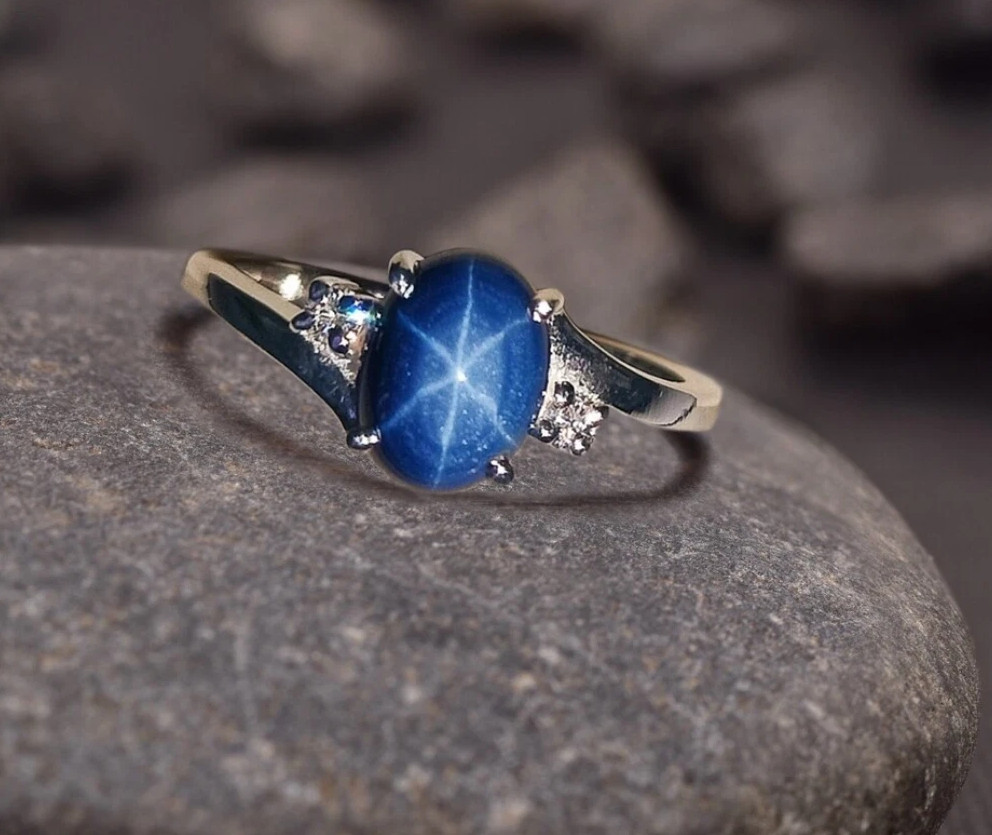 Vintage 6 Rays Star Lindy Blue Sapphire Ring Birthday Gift For Girls 925 Silver
