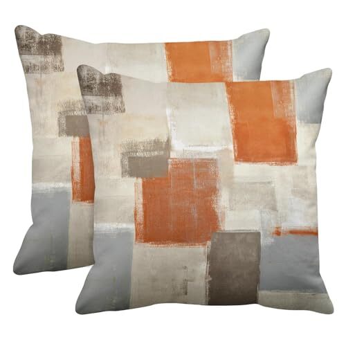 Set of 2 Orange Beige and Grey Throw 26 x 26 inches Abstract Orange and Beige