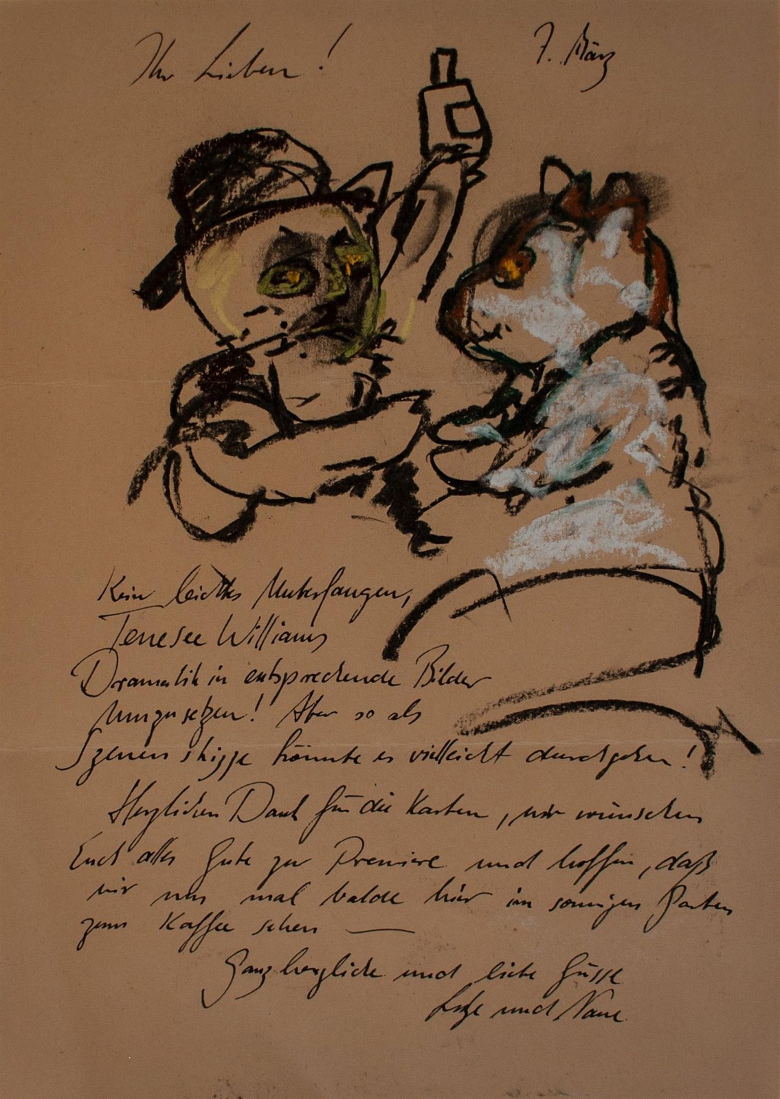 Lutz Friedel Cats Cat Pair Autograph Contemporary Signed Mixed Media