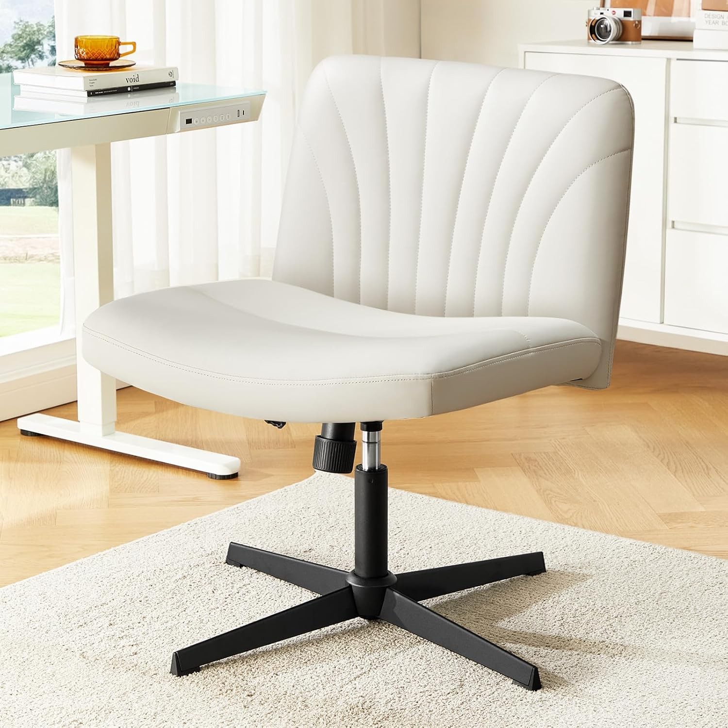 Criss Cross Chair W/ Wheels PU Leather Cross Legged Office Chair Wide Armless