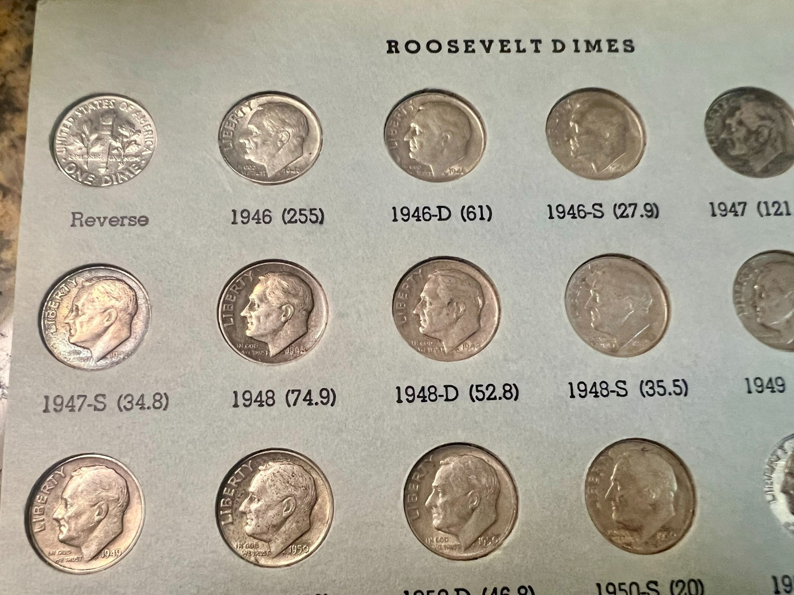 Roosevelt Dimes Set 1946-2004: 48 Silver Coins Total plus 79 Clads, Some Toned