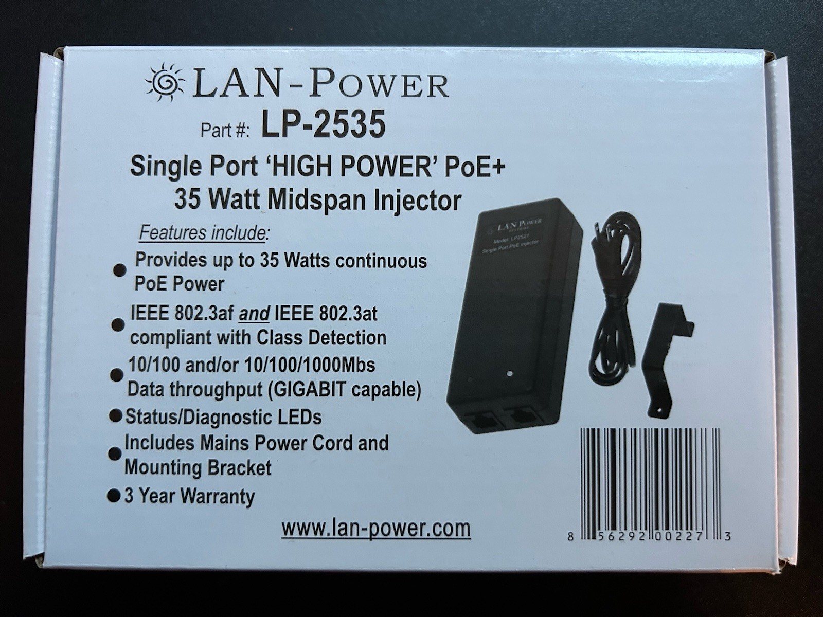 LAN-power Lp-2535 Single Port High Power Poe+ 35 Watt Mid span Injector