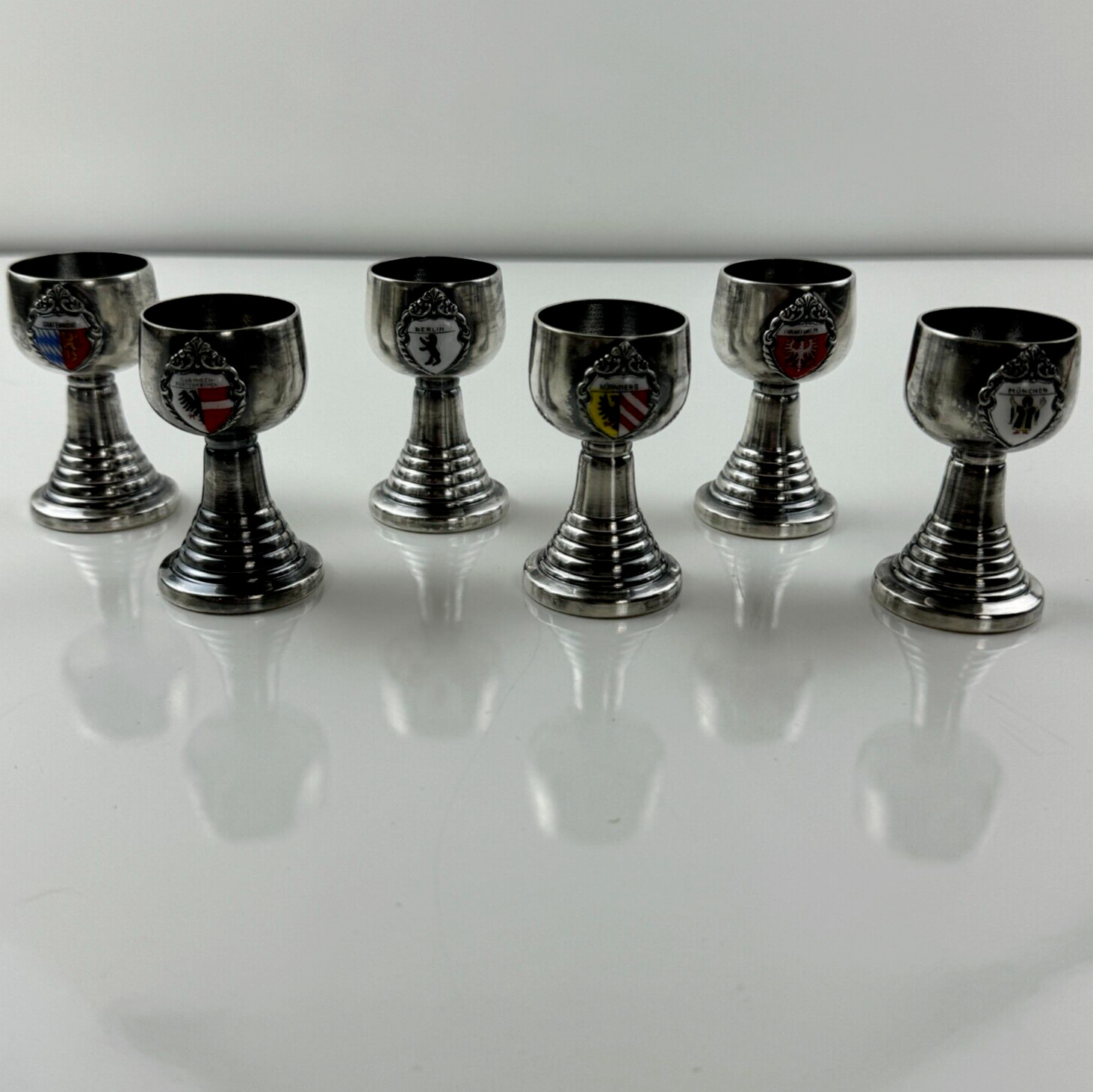 German Vintage Set Of 6 Mini Silverplate Goblets Enamel Cities States Cordials