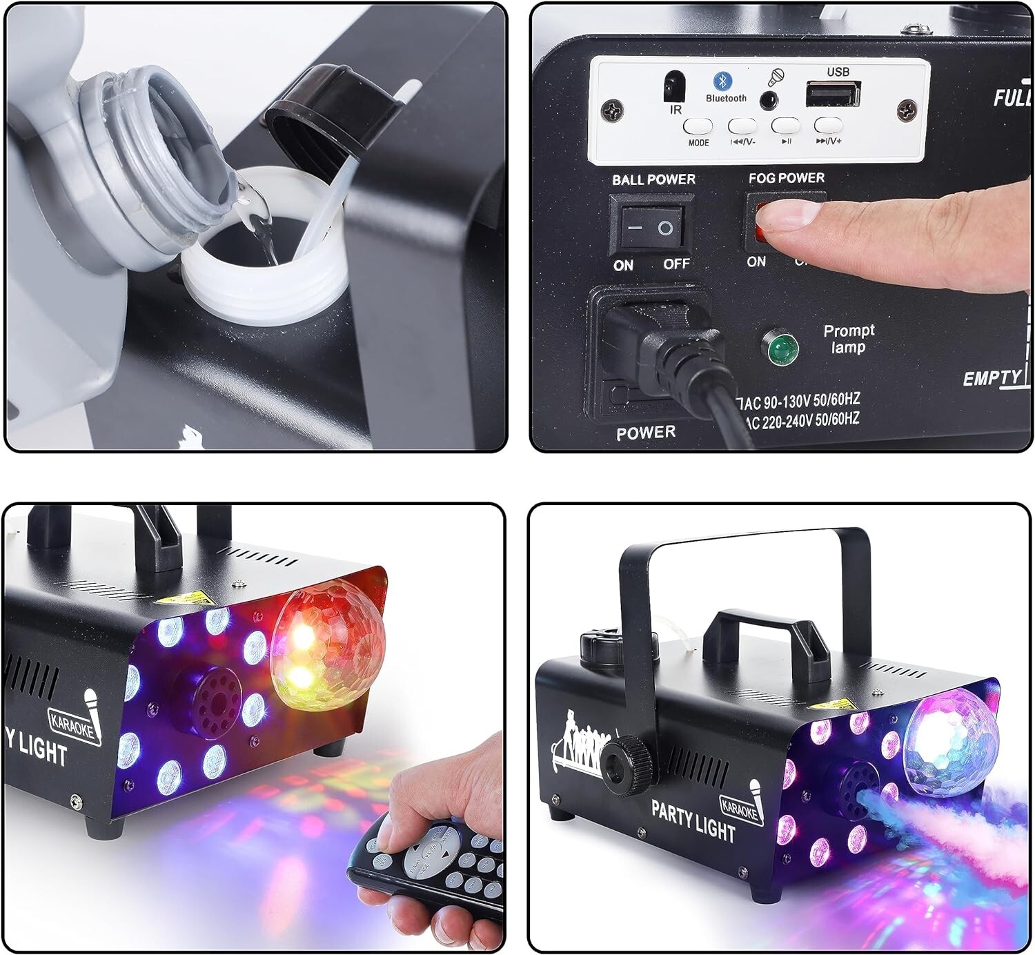 Fog Machine with 8 LED Lights and Disco Ball, Wireless Remote Control Bluetooth